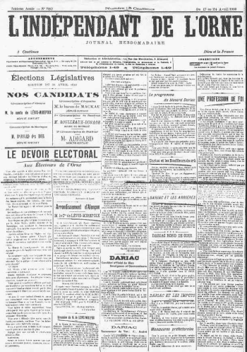 La candidature du comte de Lévis-Mirepoix, L'Indépendant de l'Orne, 1910